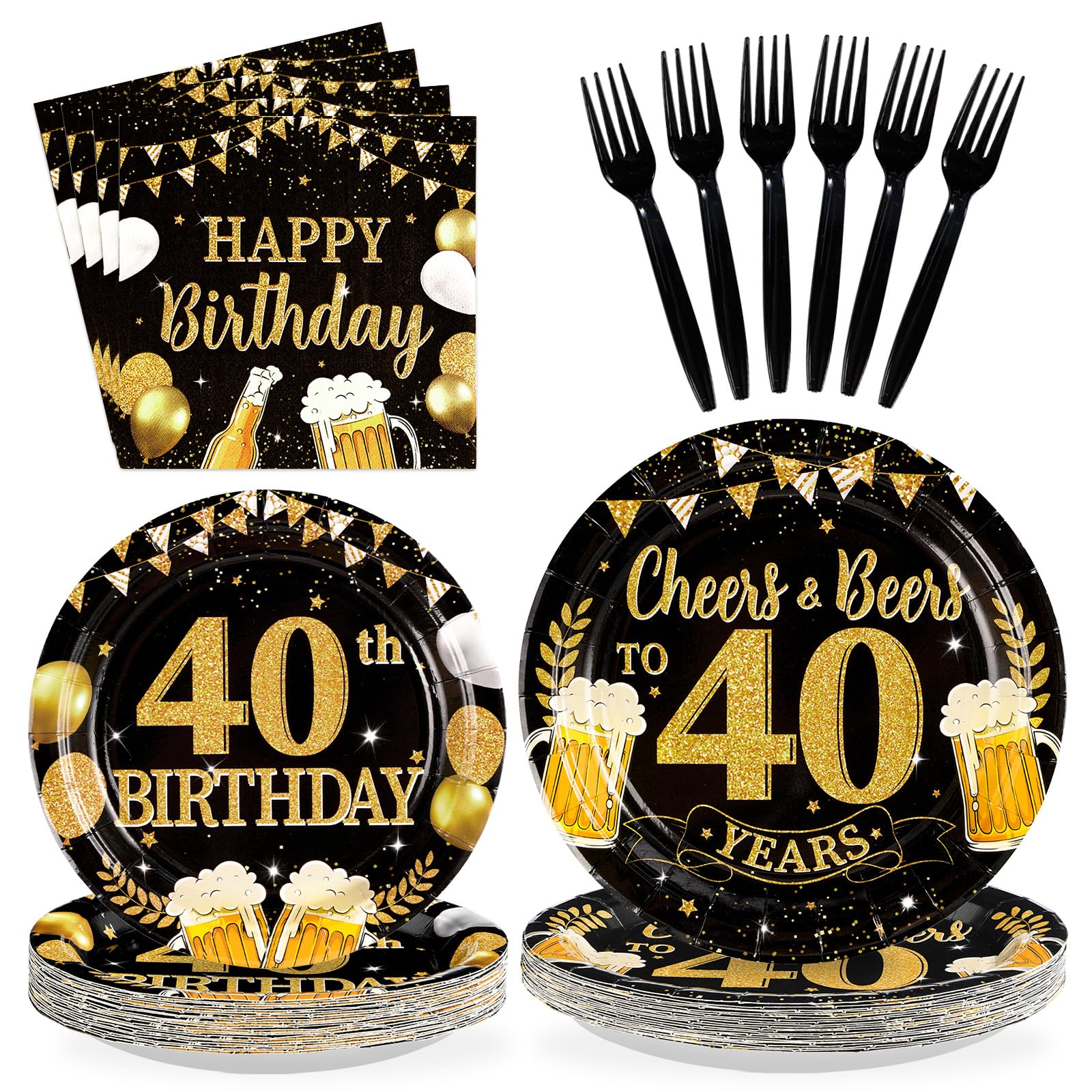 96 Pcs Black Gold 40th Birthday Party Plates and Napkins - Grencian