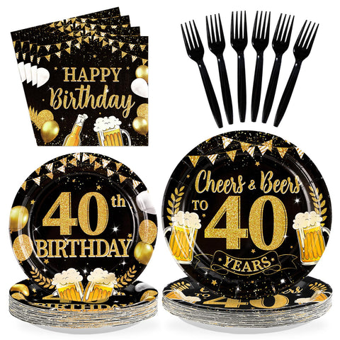 96 Pcs Black Gold 40th Birthday Party Plates and Napkins - Grencian