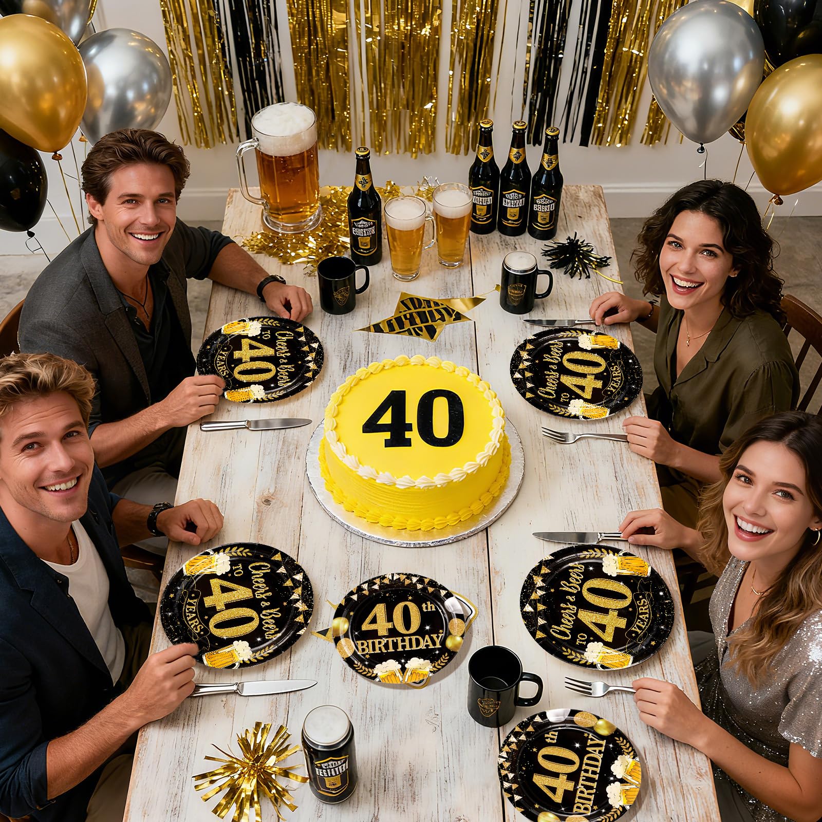 96 Pcs Black Gold 40th Birthday Party Plates and Napkins - Grencian