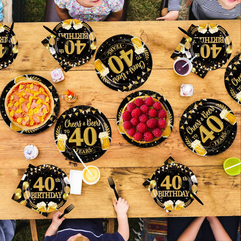 96 Pcs Black Gold 40th Birthday Party Plates and Napkins - Grencian