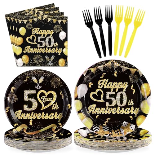 96 Pcs Black Gold 50th Anniversary Party Plates and Napkins - Grencian