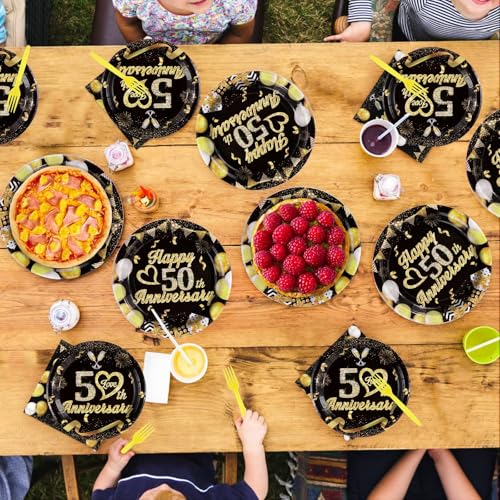 96 Pcs Black Gold 50th Anniversary Party Plates and Napkins - Grencian