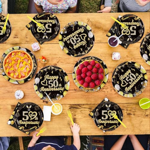 96 Pcs Black Gold 50th Anniversary Party Plates and Napkins - Grencian