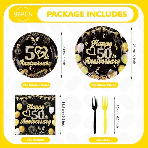 96 Pcs Black Gold 50th Anniversary Party Plates and Napkins - Grencian