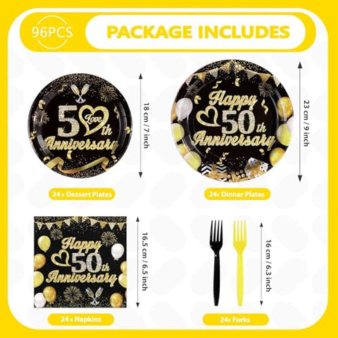 96 Pcs Black Gold 50th Anniversary Party Plates and Napkins - Grencian