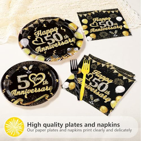 96 Pcs Black Gold 50th Anniversary Party Plates and Napkins - Grencian