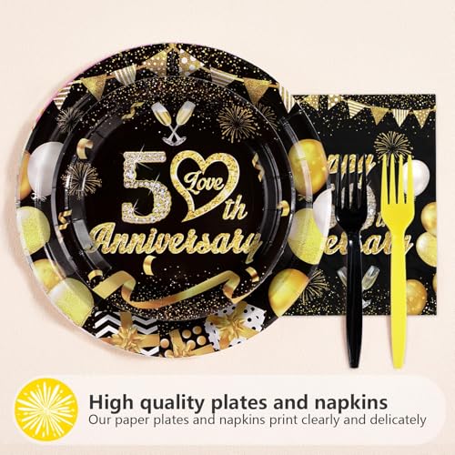96 Pcs Black Gold 50th Anniversary Party Plates and Napkins - Grencian