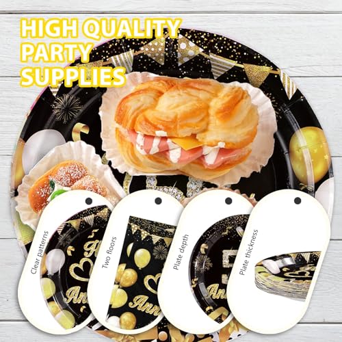 96 Pcs Black Gold 50th Anniversary Party Plates and Napkins - Grencian