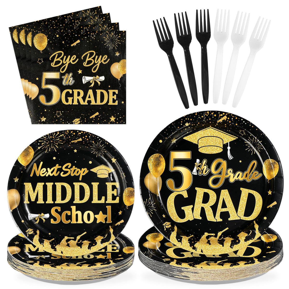 96 Pcs Black Gold 5th Grade Graduation Party Plates and Napkins