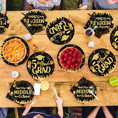 96 Pcs Black Gold 5th Grade Graduation Party Plates and Napkins