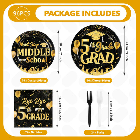 96 Pcs Black Gold 5th Grade Graduation Party Plates and Napkins