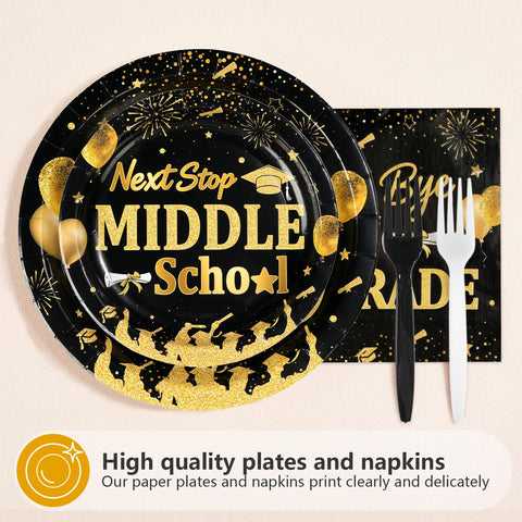 96 Pcs Black Gold 5th Grade Graduation Party Plates and Napkins