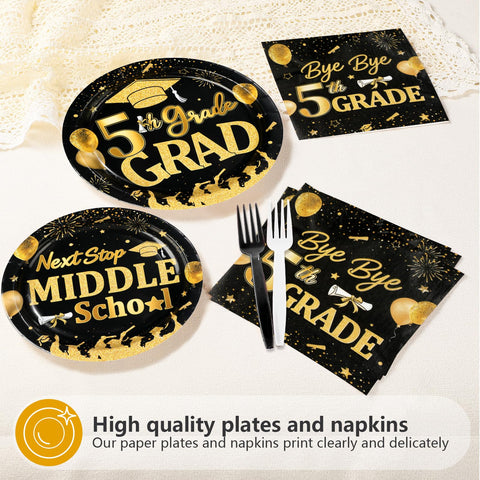 96 Pcs Black Gold 5th Grade Graduation Party Plates and Napkins