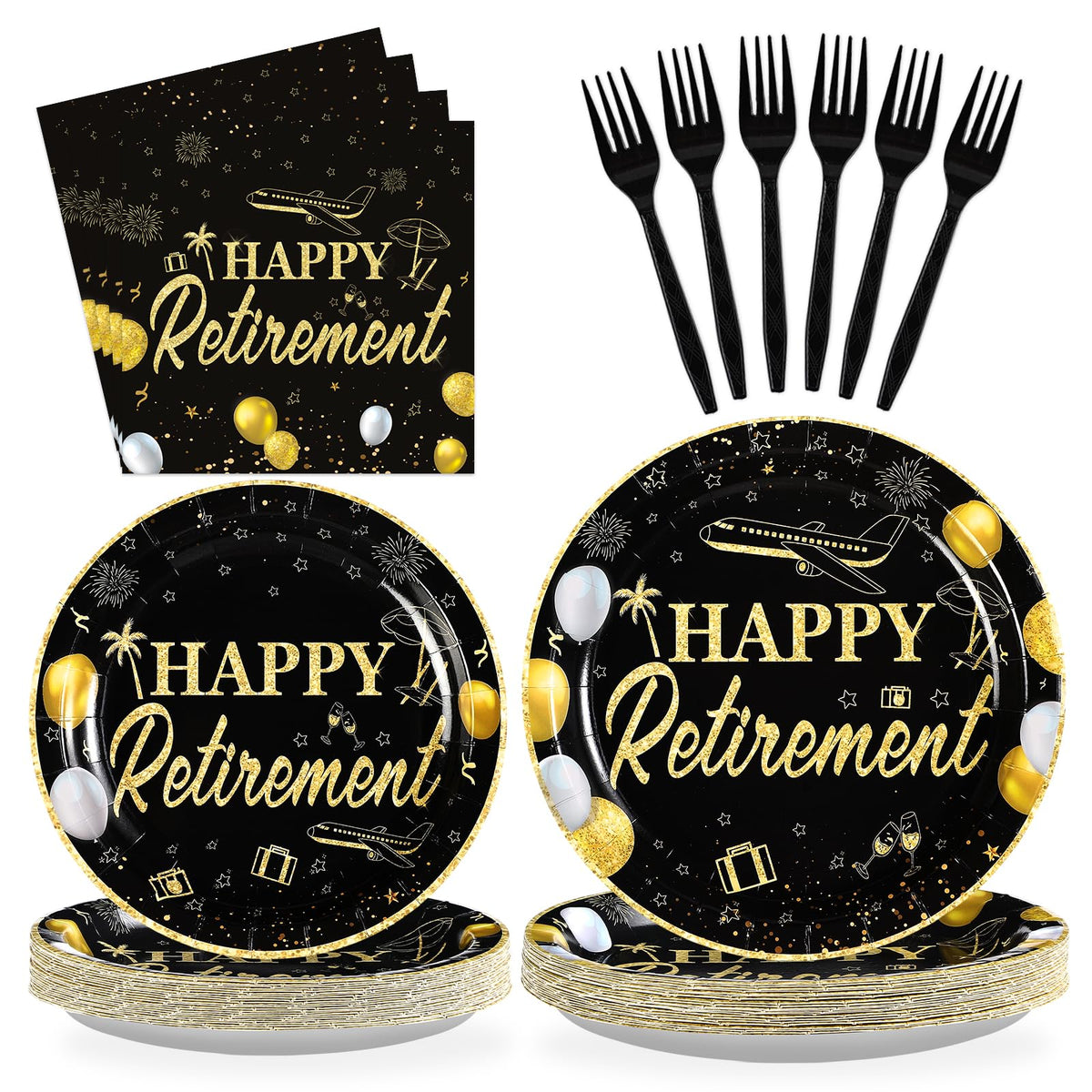 96 Pcs Black Gold Retirement Party Plates and Napkins - Grencian