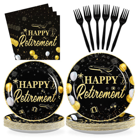 96 Pcs Black Gold Retirement Party Plates and Napkins - Grencian