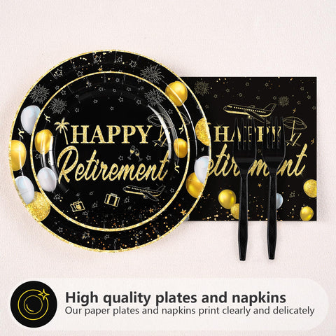 96 Pcs Black Gold Retirement Party Plates and Napkins - Grencian