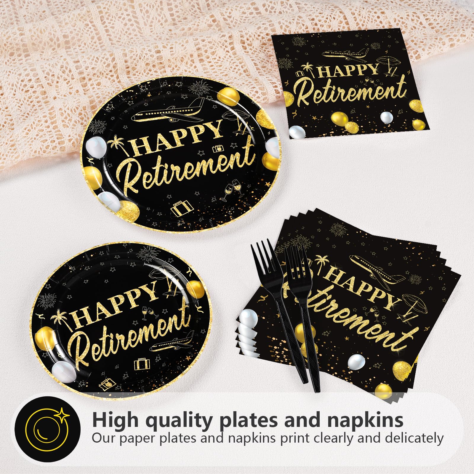 96 Pcs Black Gold Retirement Party Plates and Napkins - Grencian