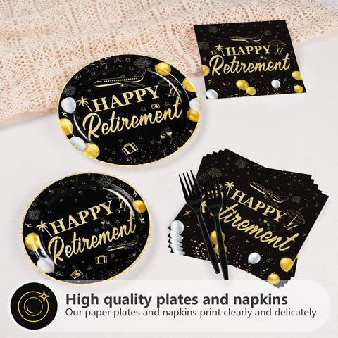 96 Pcs Black Gold Retirement Party Plates and Napkins - Grencian