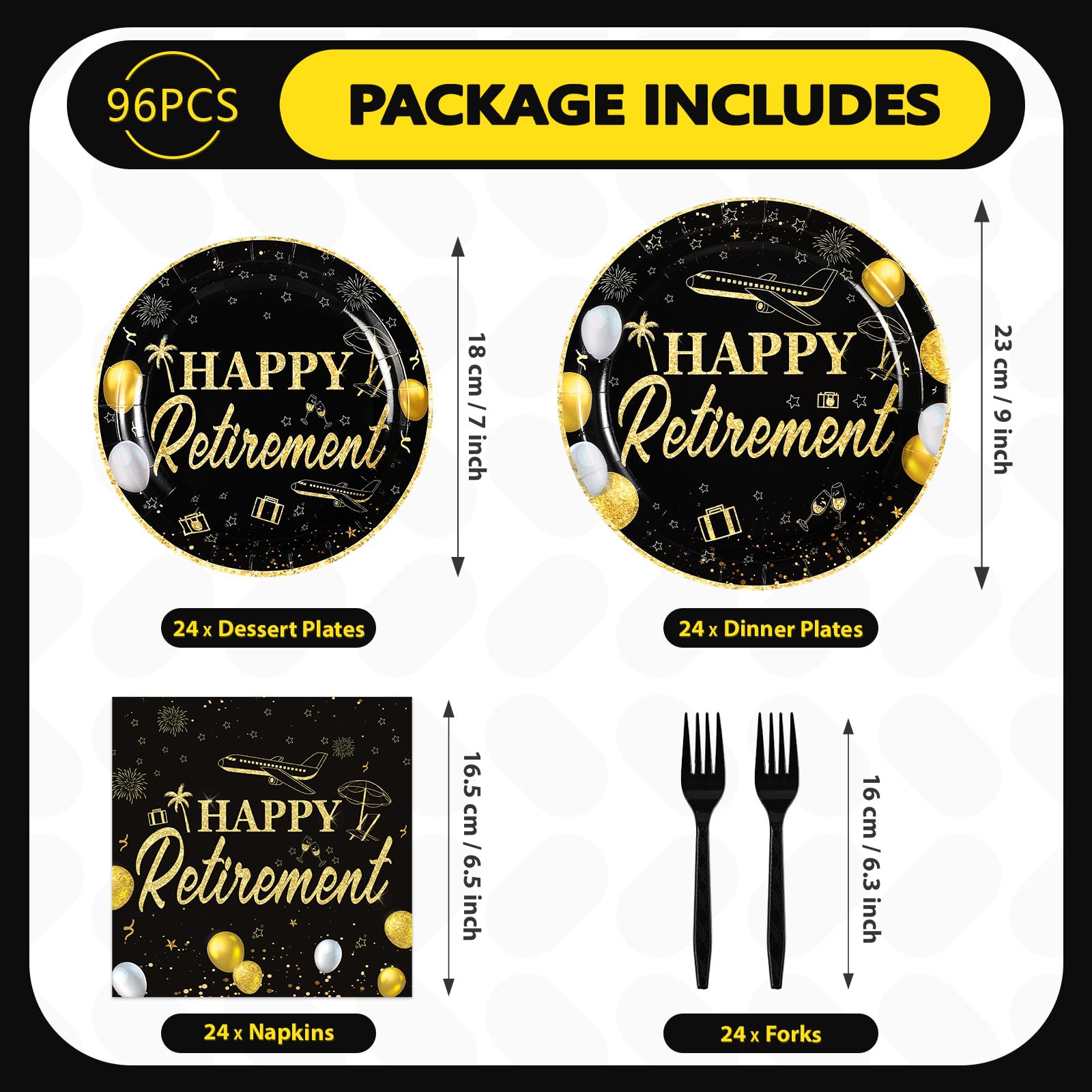 96 Pcs Black Gold Retirement Party Plates and Napkins - Grencian