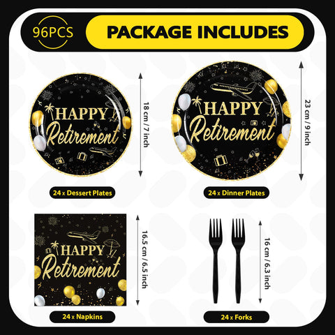 96 Pcs Black Gold Retirement Party Plates and Napkins - Grencian