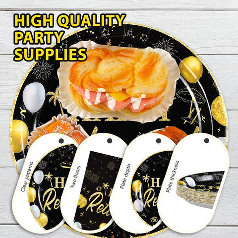 96 Pcs Black Gold Retirement Party Plates and Napkins - Grencian