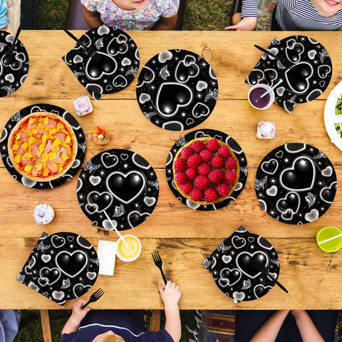 96 Pcs Black Heart Party Plates and Napkins - Grencian