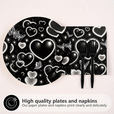 96 Pcs Black Heart Party Plates and Napkins - Grencian