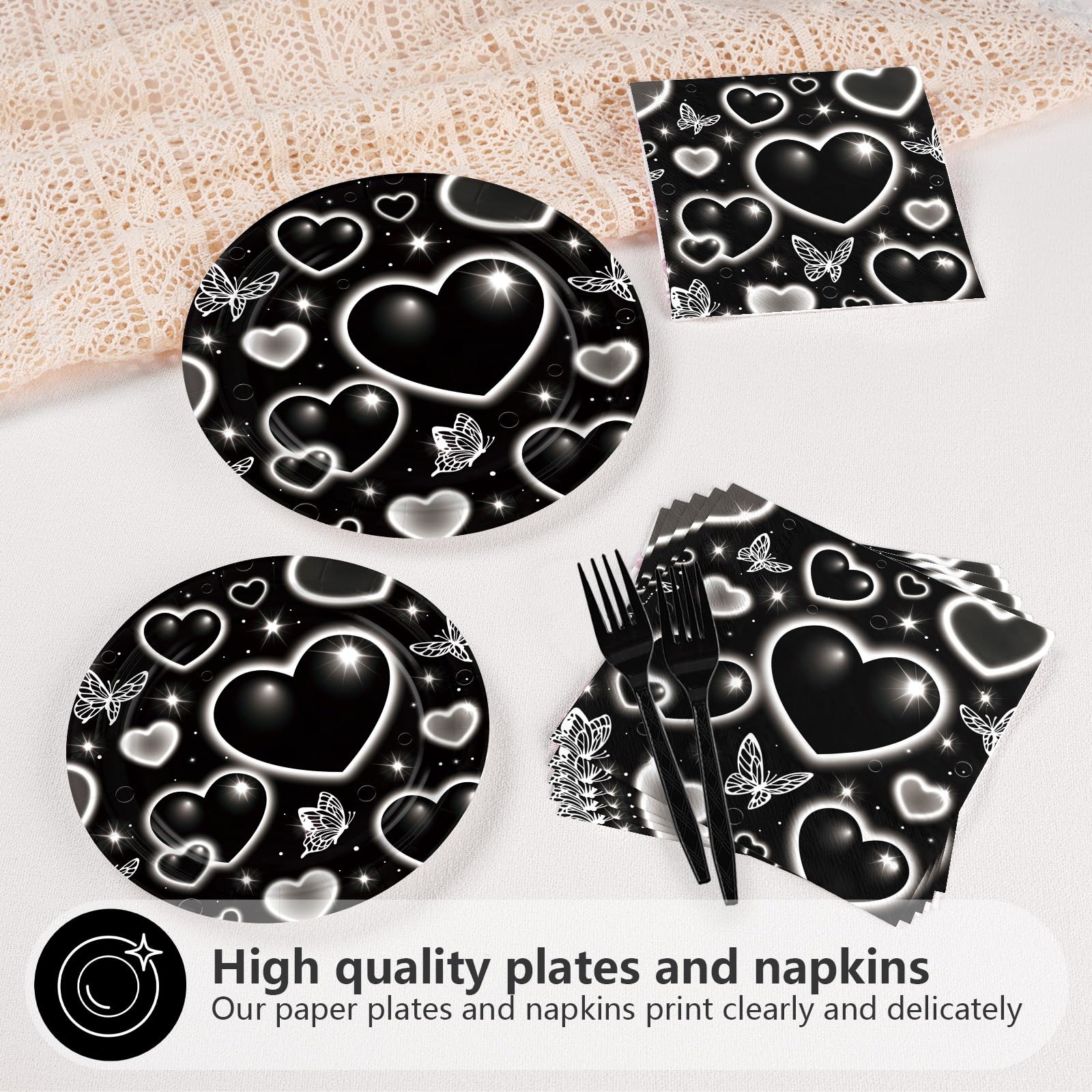 96 Pcs Black Heart Party Plates and Napkins - Grencian