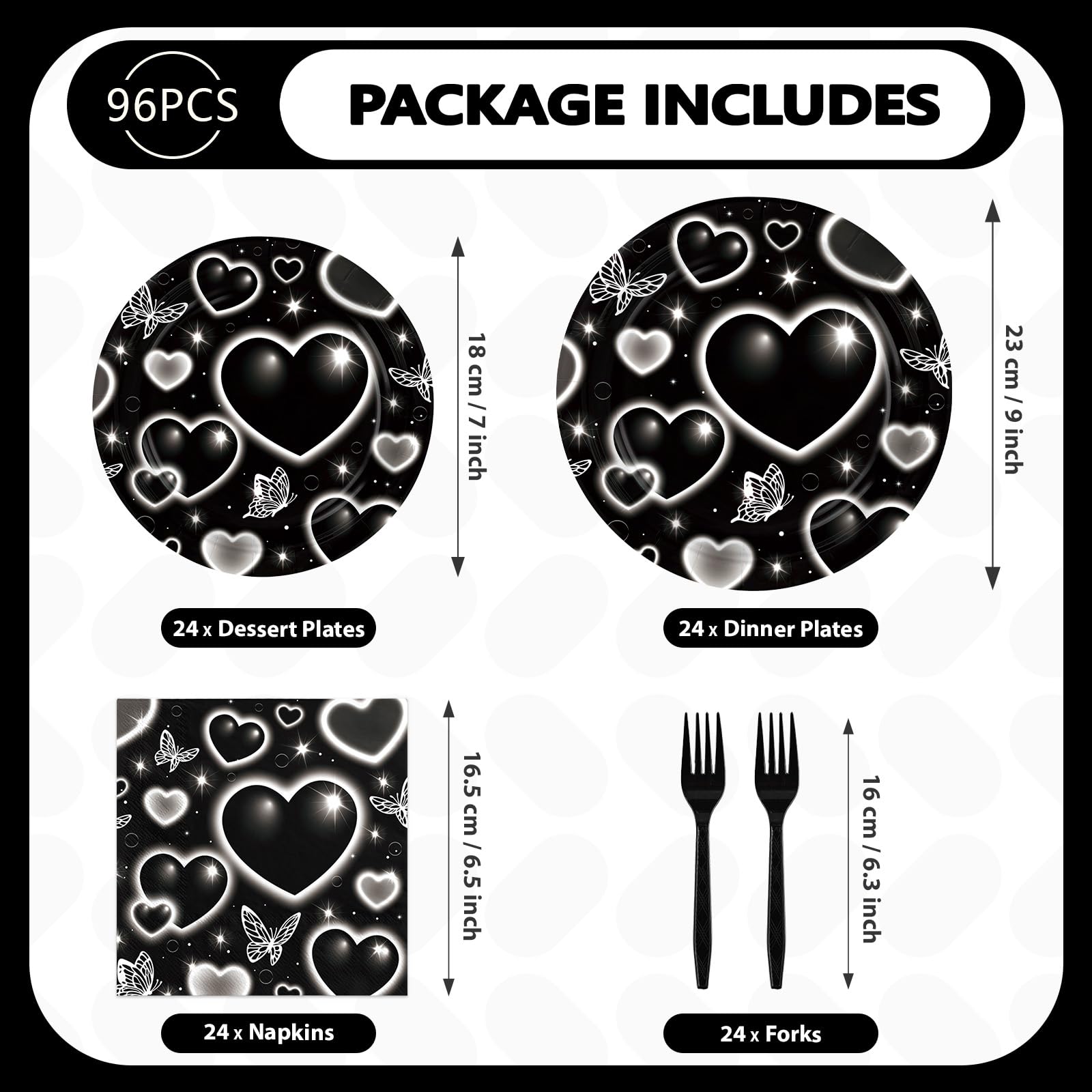 96 Pcs Black Heart Party Plates and Napkins - Grencian