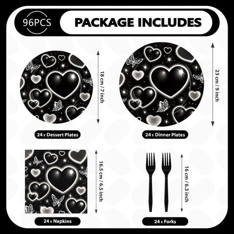96 Pcs Black Heart Party Plates and Napkins - Grencian