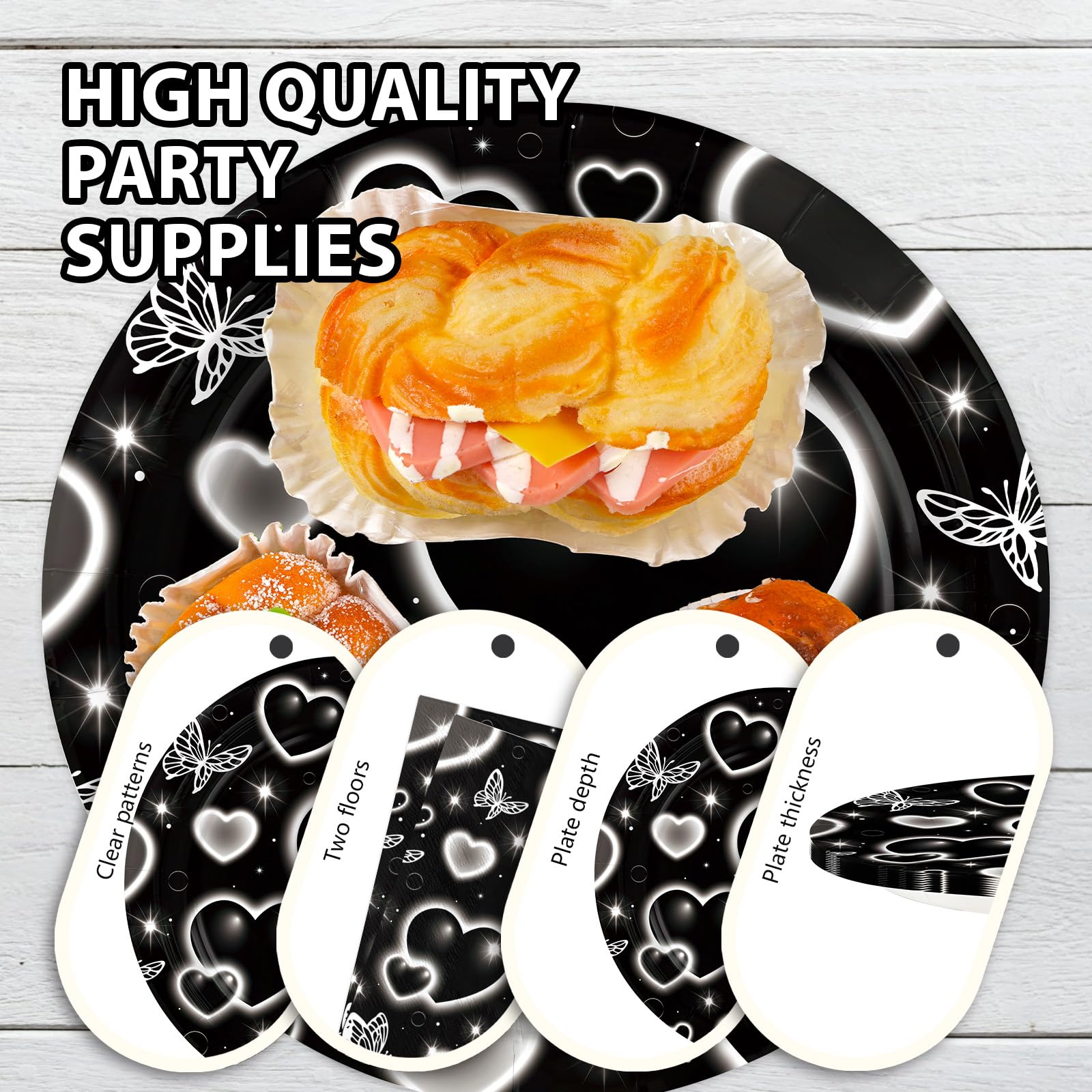 96 Pcs Black Heart Party Plates and Napkins - Grencian