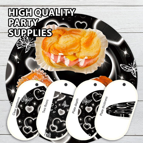 96 Pcs Black Heart Party Plates and Napkins - Grencian