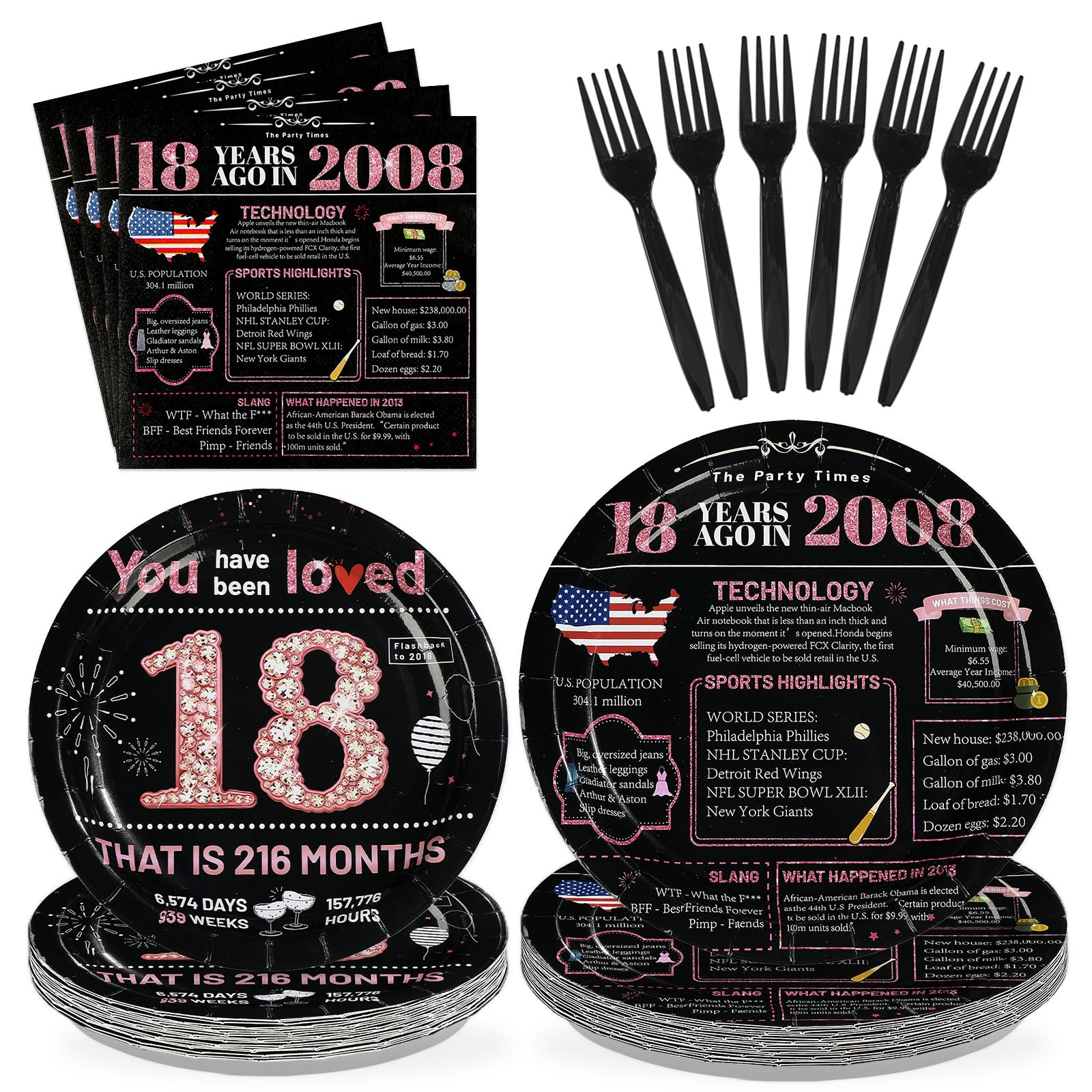 96 Pcs Black Pink 18th Birthday Party Plates and Napkins - Grencian
