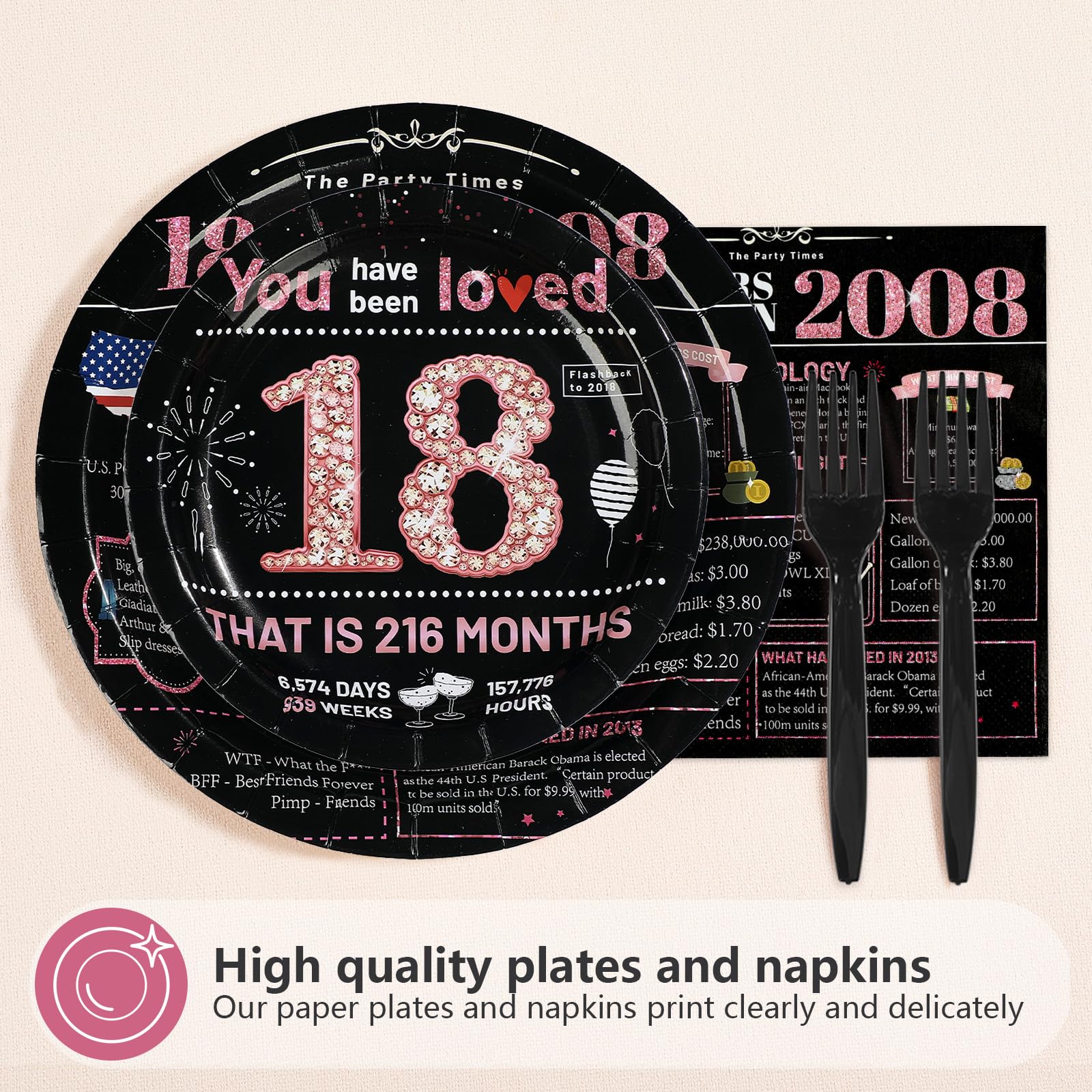 96 Pcs Black Pink 18th Birthday Party Plates and Napkins - Grencian