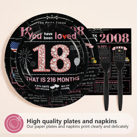 96 Pcs Black Pink 18th Birthday Party Plates and Napkins - Grencian