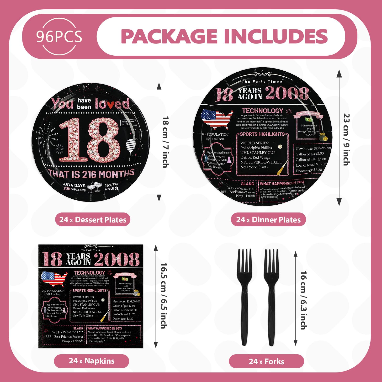 96 Pcs Black Pink 18th Birthday Party Plates and Napkins - Grencian