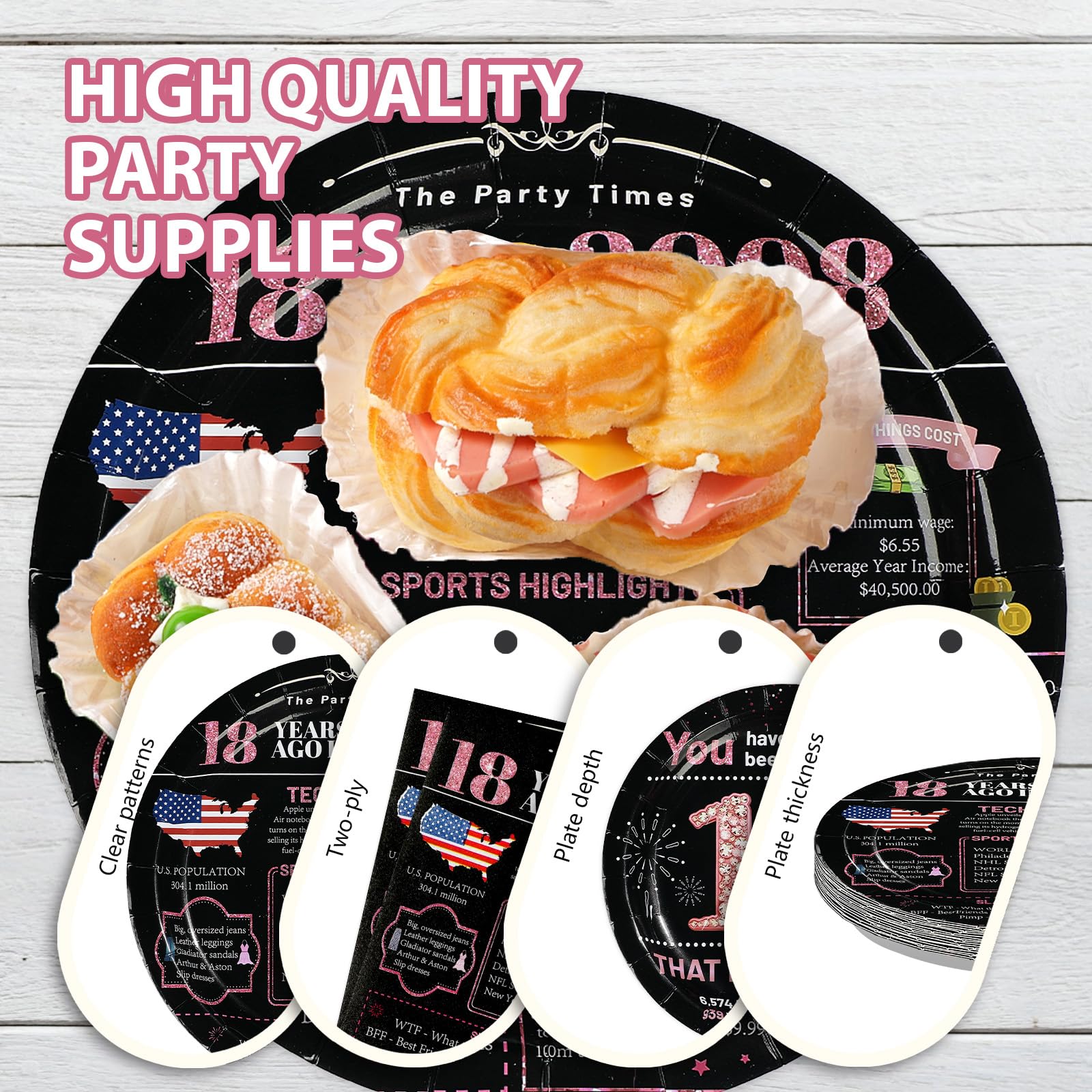 96 Pcs Black Pink 18th Birthday Party Plates and Napkins - Grencian