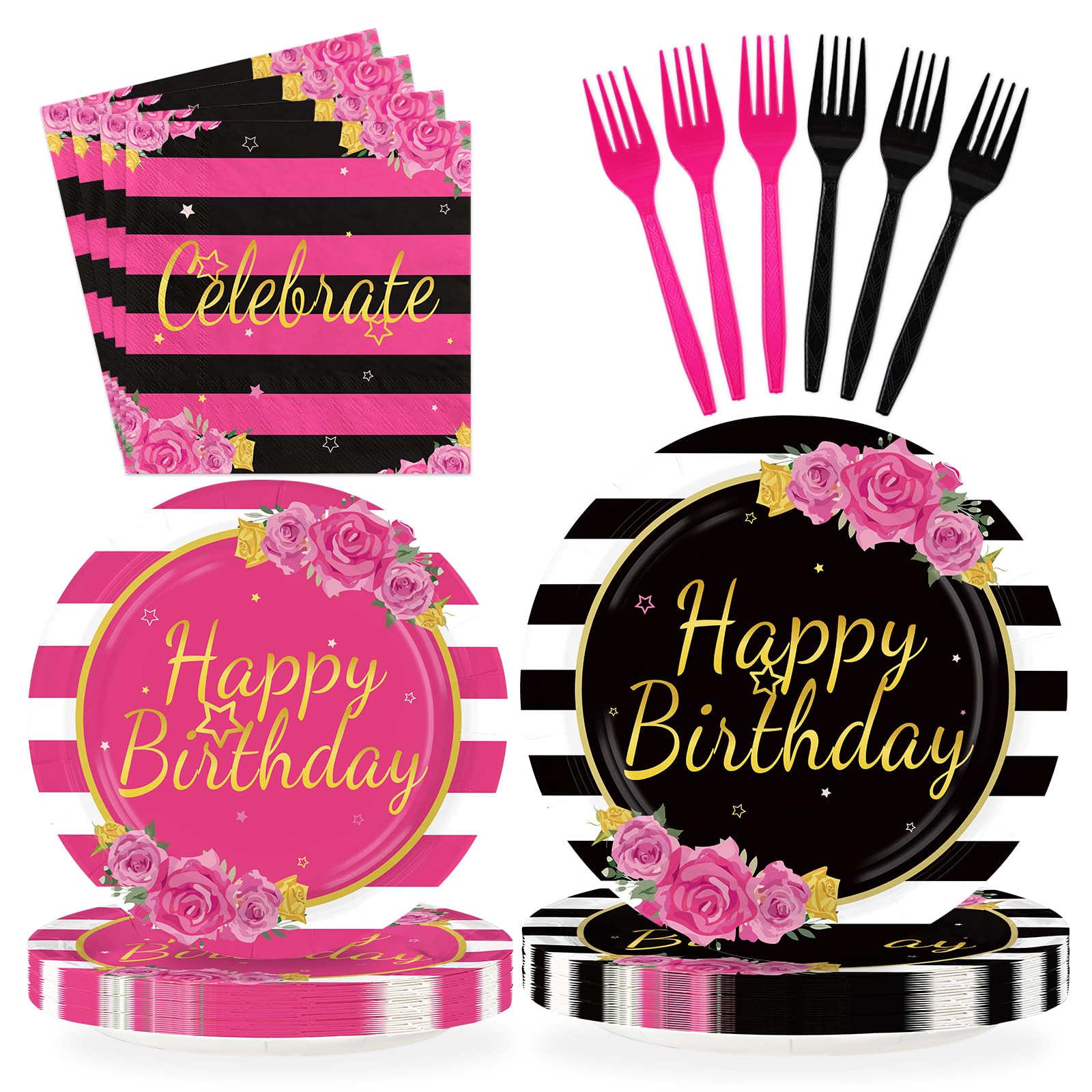 96 Pcs Black Pink Stripe Birthday Party Plates and Napkins - Grencian