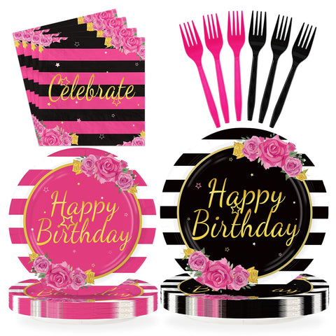 96 Pcs Black Pink Stripe Birthday Party Plates and Napkins - Grencian