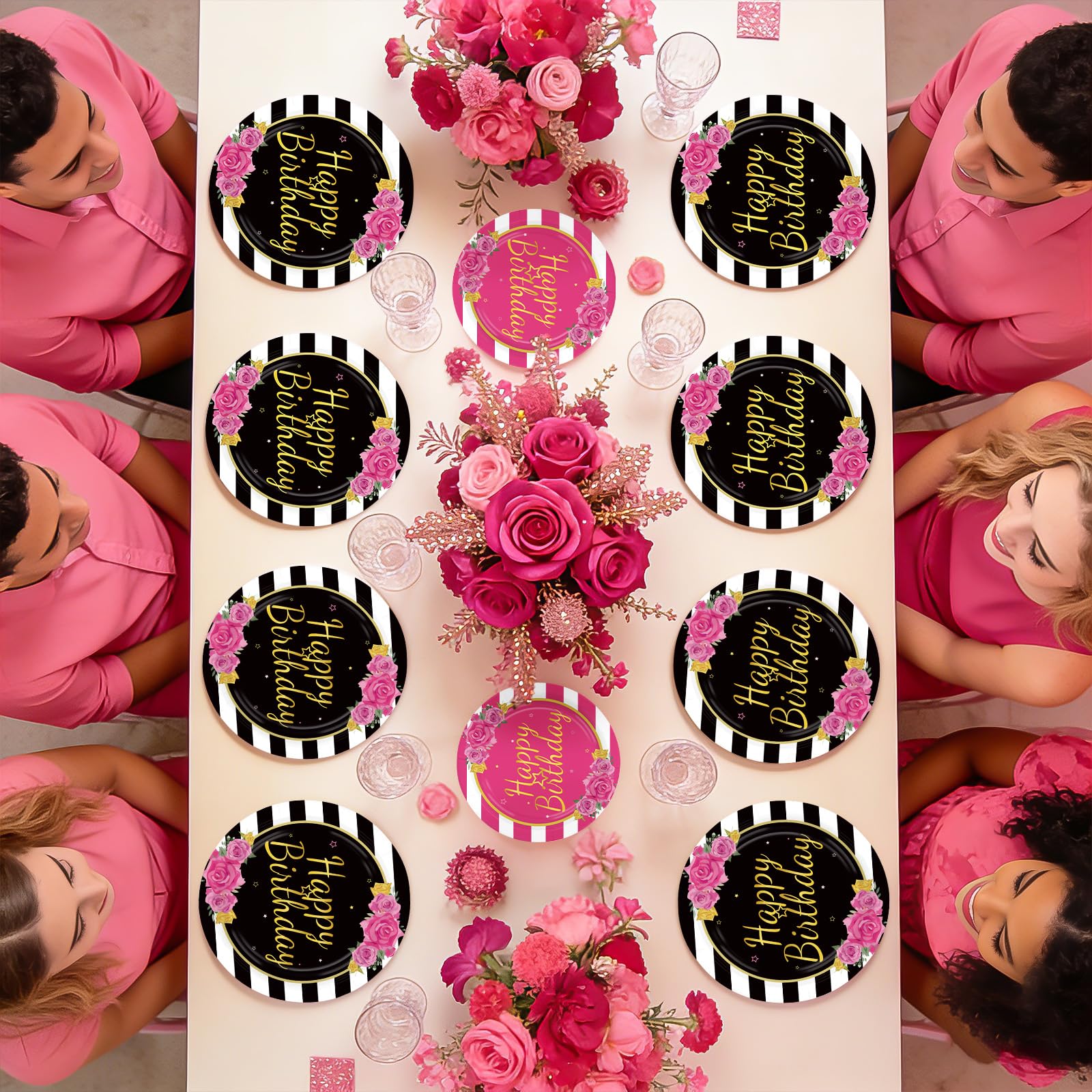 96 Pcs Black Pink Stripe Birthday Party Plates and Napkins - Grencian
