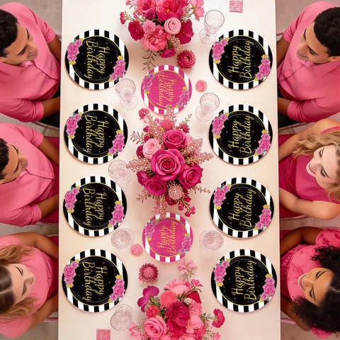 96 Pcs Black Pink Stripe Birthday Party Plates and Napkins - Grencian