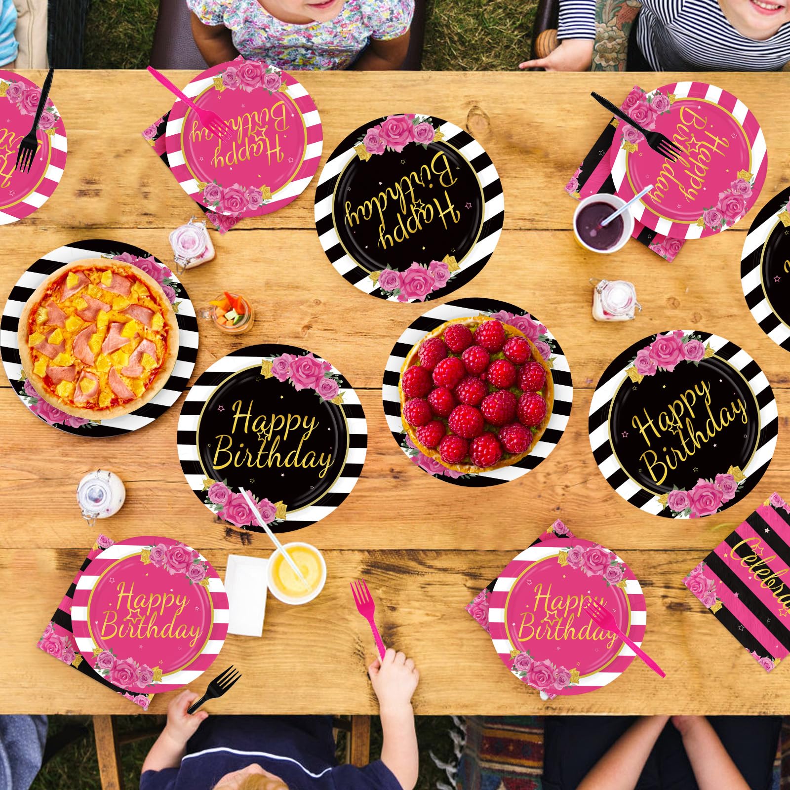 96 Pcs Black Pink Stripe Birthday Party Plates and Napkins - Grencian
