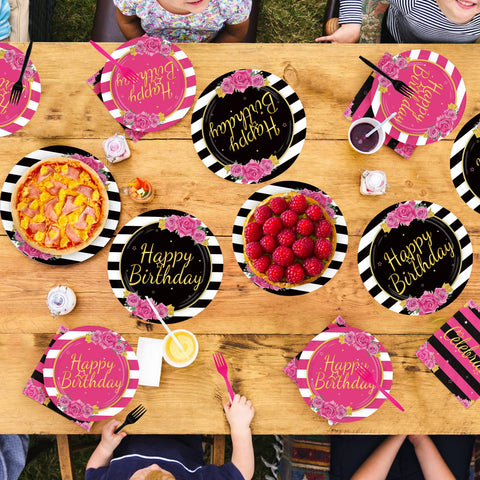 96 Pcs Black Pink Stripe Birthday Party Plates and Napkins - Grencian
