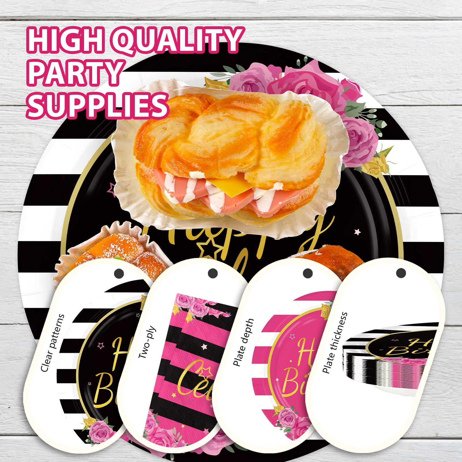 96 Pcs Black Pink Stripe Birthday Party Plates and Napkins - Grencian