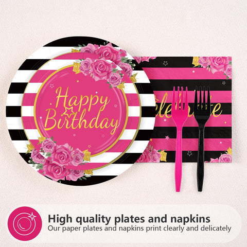 96 Pcs Black Pink Stripe Birthday Party Plates and Napkins - Grencian