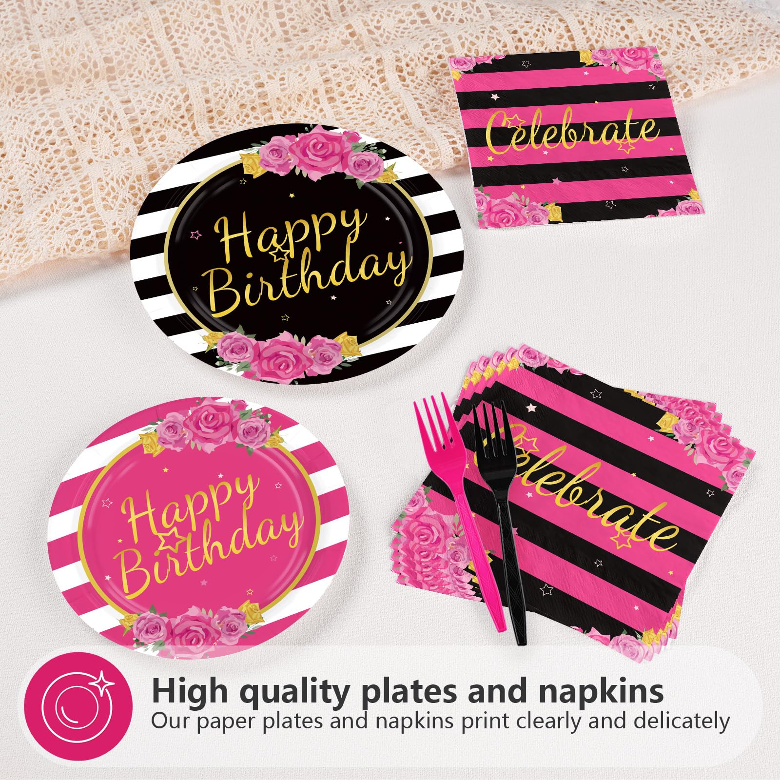 96 Pcs Black Pink Stripe Birthday Party Plates and Napkins - Grencian