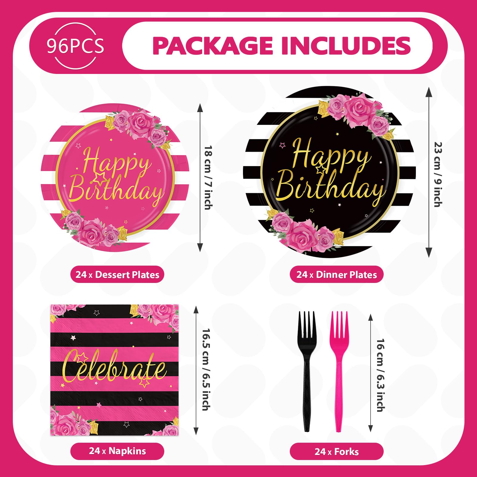 96 Pcs Black Pink Stripe Birthday Party Plates and Napkins - Grencian
