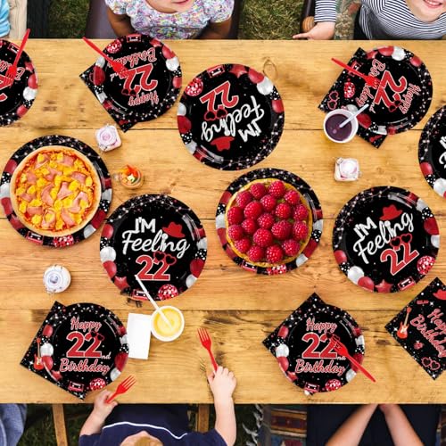 96 Pcs Black Red 22nd Birthday Party Plates and Napkins - Grencian