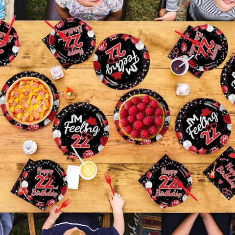 96 Pcs Black Red 22nd Birthday Party Plates and Napkins - Grencian
