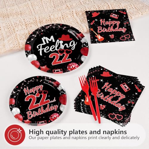 96 Pcs Black Red 22nd Birthday Party Plates and Napkins - Grencian